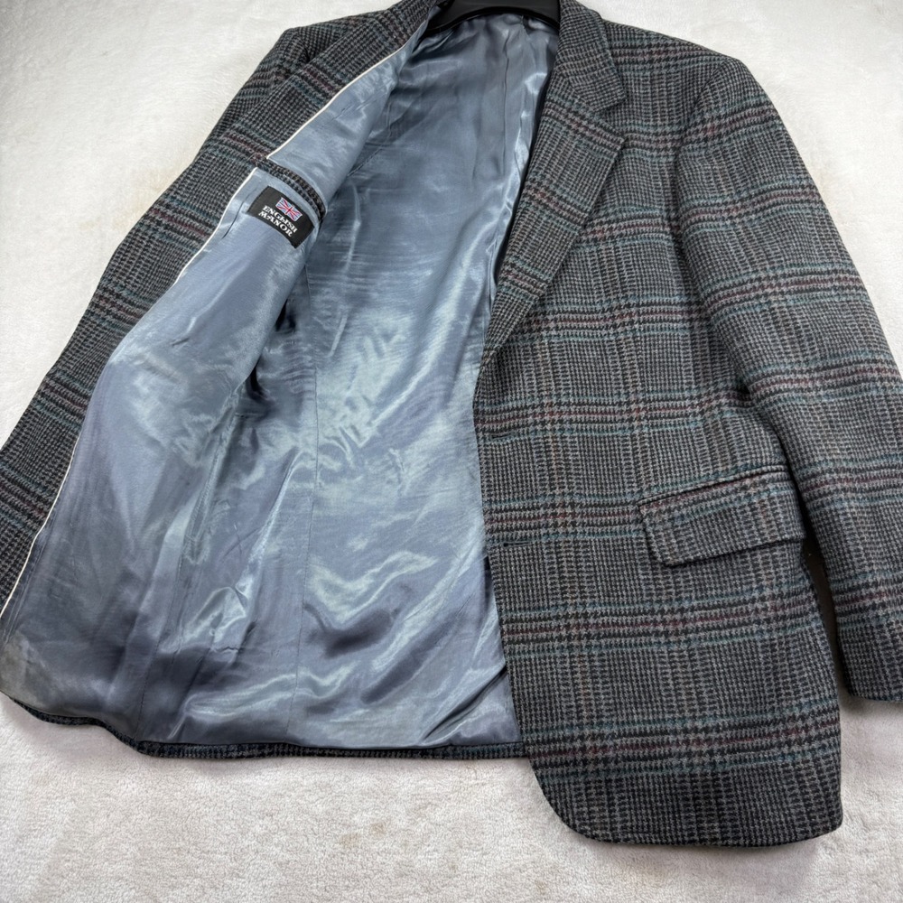 English Manor Mens 39R Wool Blazer Grey Glen Plaid Sport Coat Two Button Jacket